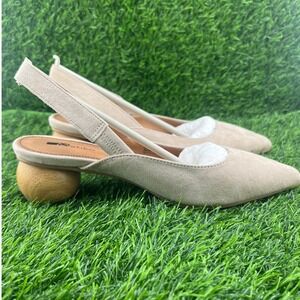 Matiko Beige Suede Pointed Toe Slingback Heels Wooden Block Heel Size 35Cottage